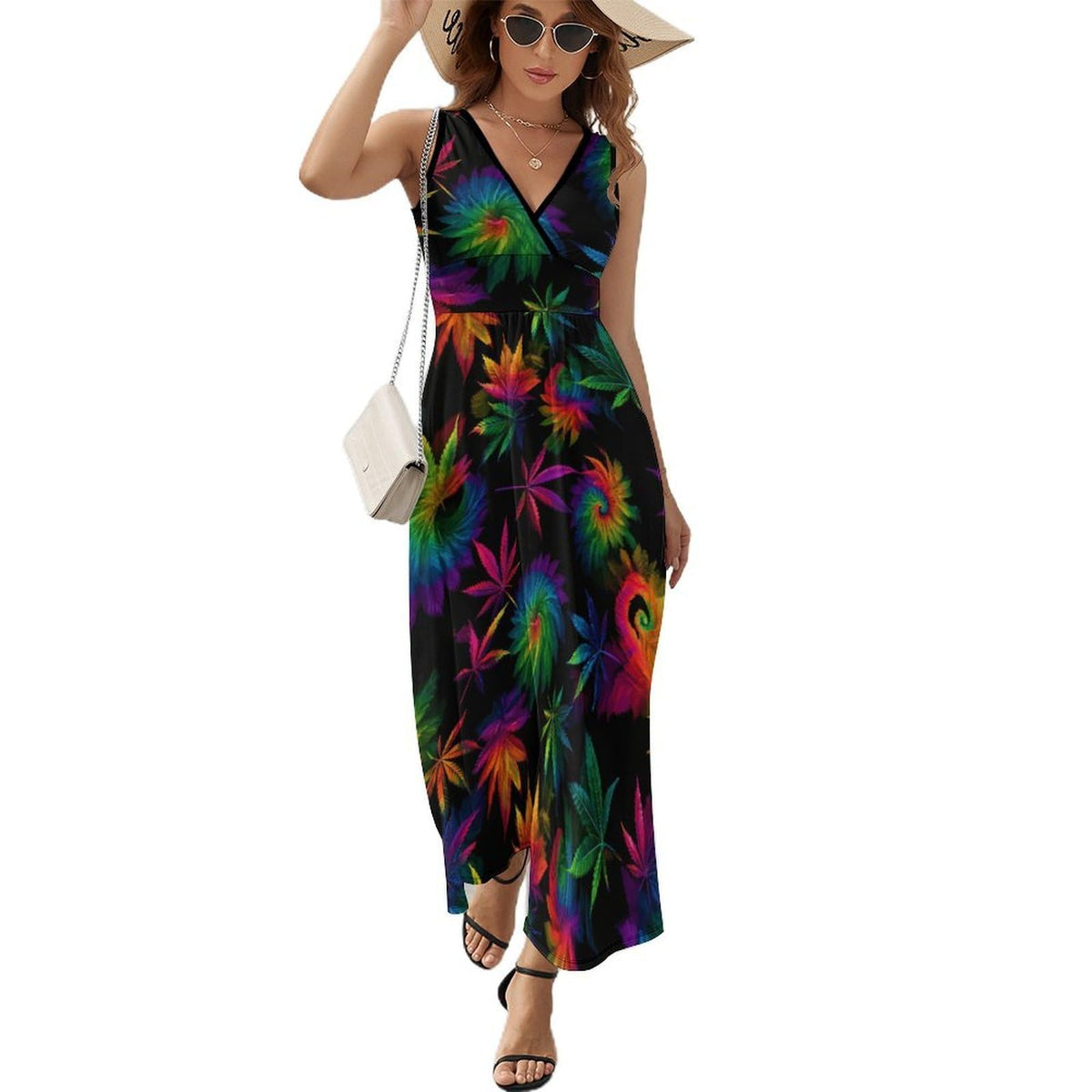longue sans manches à motif de feuilles de mauvaises herbes tie-dye pour femme