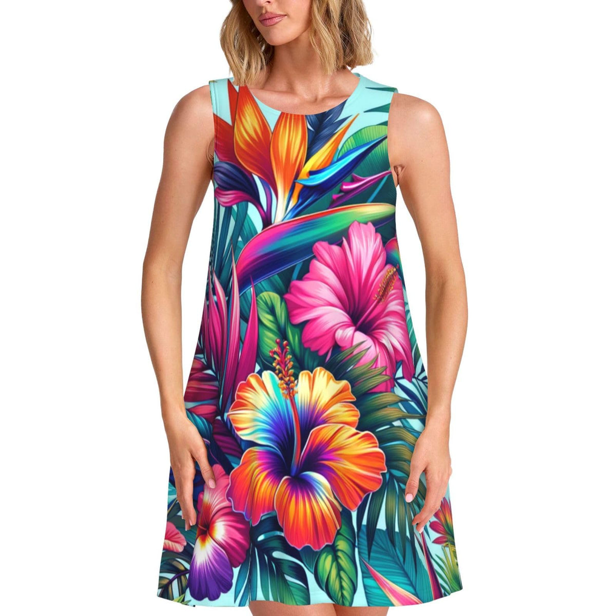 sans manches pour femme Hibiscus-Bird-Lush-Palm avec 2 poches latérales, robe trapèze